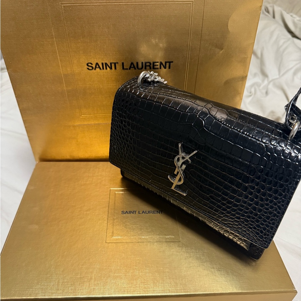 Yves Saint Laurent Black Croc-Embossed Crossbody Bag - Picture 6 of 7